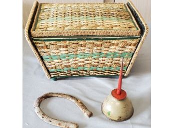 Vintage Sewing Basket And Sewing Tools, Antique Oil Can And Horseshoe