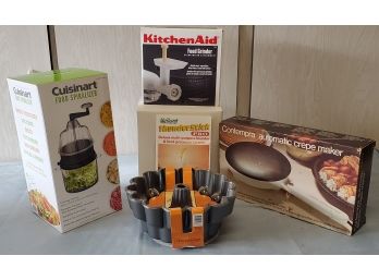 Cuisinart Spiralizer (NIB), Kitchen Aide Grinder, Food Mixer, Crepe Pan And Bundt Pan