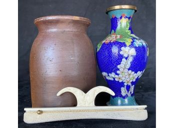 Two Vases Including Vibrant Vintage Blue Cloisonne Bud Vase And An Antique Nail Buffer