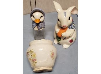 Poppies On Blue Lenox Bunny, Antique Bowl & Duck Covered Mason Jar