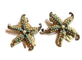 Stunning Victorian Starfish Turquoise Pearl And Gold Hair Clips