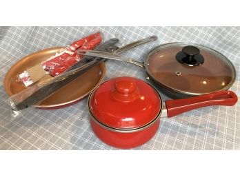 Lot Of Kitchen Pans Including Two Red Copper Pans And Miscellaneous Kitchen Knives