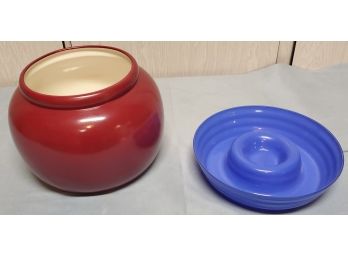 Dansk Blue Glass Chip And Dip Bowl And Large Red Pot