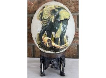 Hand Panted Ostrich Egg With Carved Wooden Base Signed