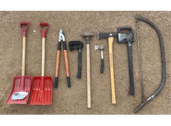 Assorted Hand Tools Including Axes And Sledge Hammer