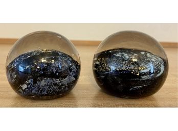 2 Signed Hand Blown Glass Paper Weights