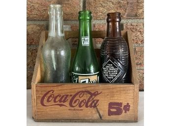 Vintage Coca-cola Wooden Bottle Carrier With 6 Assorted Glass Bottles