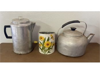 Vintage Aluminum Wear Coffee Pot, Tea Pot, And Flour Sifter