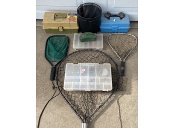 Fishing Lot Including Minnow Trap, Tackle Boxes, Nets And More