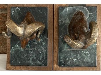 Pair Of Small Marble & Metal Ram Plaques