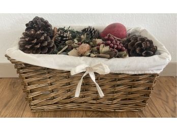 Basket With Faux Pinecones And Greenery