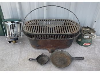 Vintage Lodge Charcoal Hibachi Grill With Greatland Propane Lantern And Small Colman 502 Camp Stove