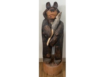 Large Hand Carved Bear With Fish Marked Knn Bates