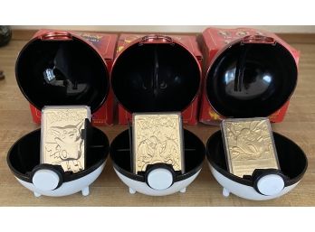 (3) Pokmon Limited Edition 23 Karat Gold Plated Trading Cards With Cases And Original Boxes With COA's