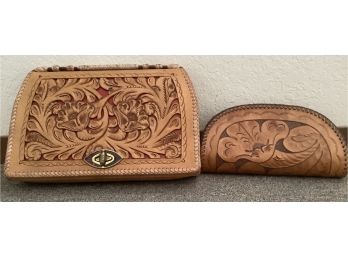 Western Style Tooled Leather Hand Bag And Coin Purse