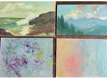 (4) Small Oil Paintings (1) Dave Stirling Abstract (1) Belles Ocean Scene (2) Unknown Mountain & Abstract