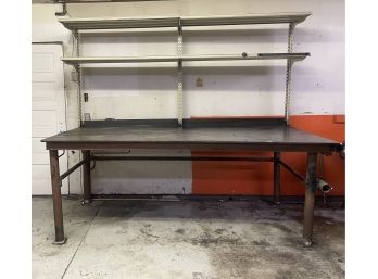 Solid Steel 8 Foot Work Table With Welded On Slotted Shelving