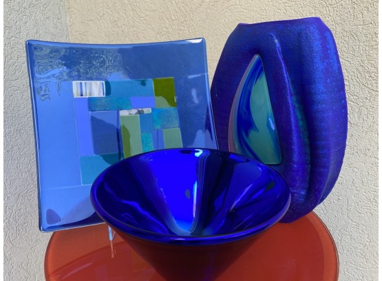 Collection Of 3 Pieces Of Blue Art Glass & Ceramics