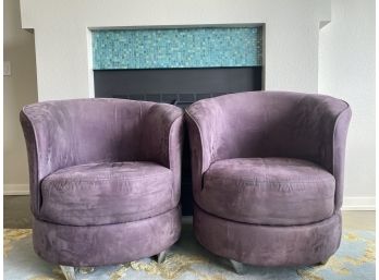 Pair Of Two Custom Upholstered Mauve Barrel Back Club Chairs With Swivel Back