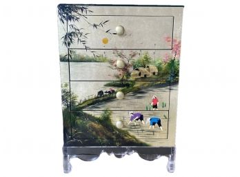 High Gloss Hand Painted Asian Chest With Lucite Base And Lacquered Interior