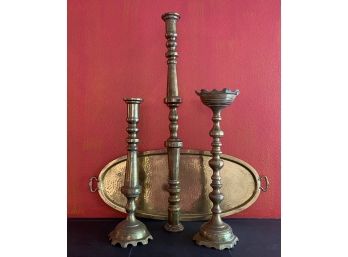 Three Large Heavy Brass Candlesticks With Brass Tray
