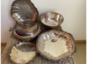 Assortment Of 5 Silver Plated Plates And Bowls