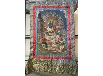 Vintage Signed Painted Silk Krishna Tapestry On Wood Compression Hanger With Burlap Backing