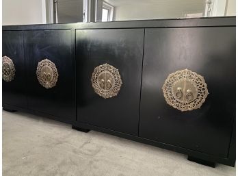 Black Lacquer Credenza With Four Doors Featuring Brass Medallion Handles