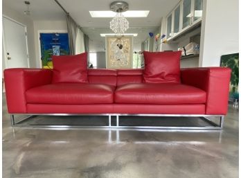 Exceptional Roche Bobois (France) Red Leather Contemporary Sofa With Chrome Legs (MSRP + $7,500)