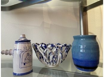 Collection Of Three Blue Pottery Pieces- Including Sam & Lara Reticulated Fruit Bowl