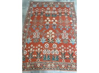 Crewel Chainstitch Wool & Cotton Rug With Floral Design 80' X 60'