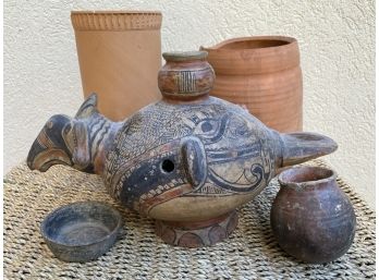 Collection Of 5 Clay Pottery Pieces Including Pre-Columbian Zoomorphic Bird Vessel