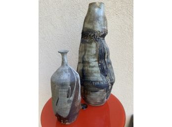 Pair Of Tall Stoneware Vases Unsigned