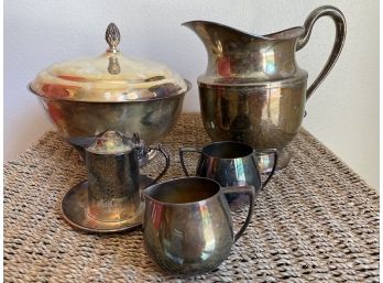 Collection Of 5 Pieces Of Silver-plate Bowls And Pitchers