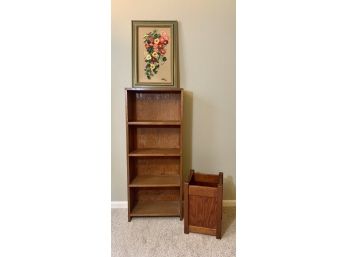Lot Of Small Bookcase, Wood Umbrella Stand And Needlepoint Art