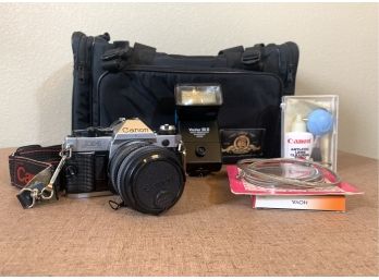 Vintage Canon AE1 With Tamron Lens And Metro Goldwyn Mayer Camera Bag