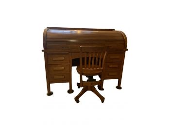 Vintage Roll Top Desk With Chair, Lamp And Floor Protector