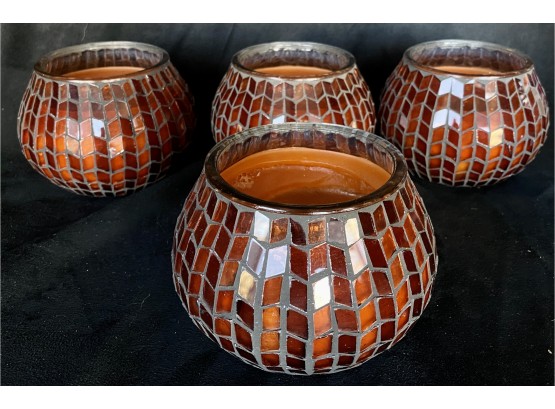 (4) Mosaic Glass Candle Holders With Wax