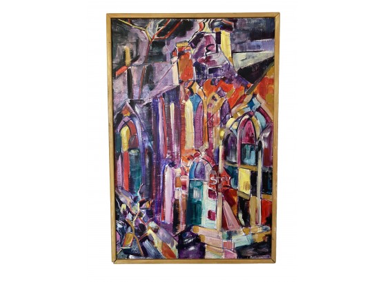 Large And Colorful Original Abstract Cathedral Painting Signed