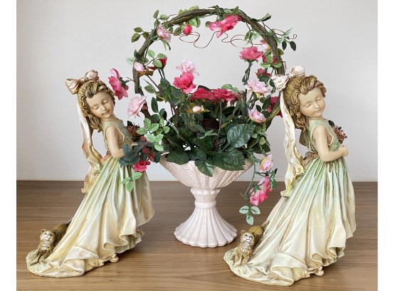 Two Resin Girls With Cats And Resin Vase With Faux Roses