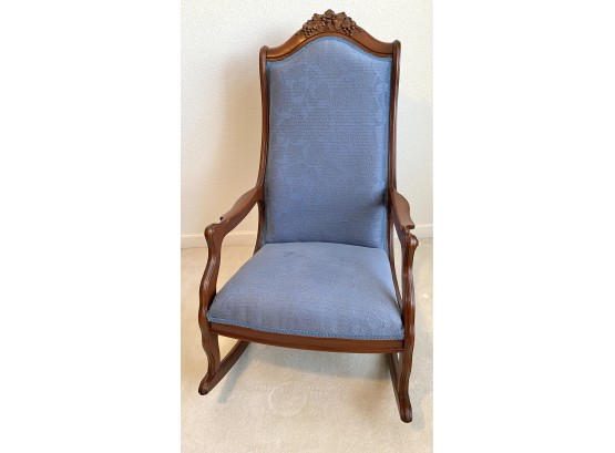 Hand Carved Walnut Antique Rocking Chair Reupholstered In Great Condition