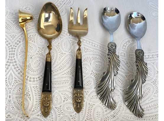 Nice Collection Of Thailand Serving Spoon & Fork, Gold Tone Candle Snuffer & Sheffield England Spoons