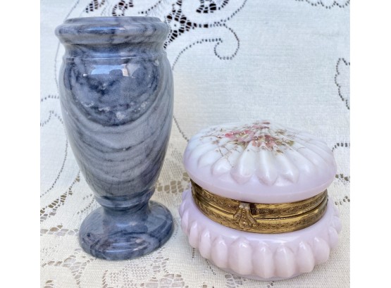 Antique Wave Crest Pink Hand Painted Trinket DIsh  & Blue, Gray Marble Vase