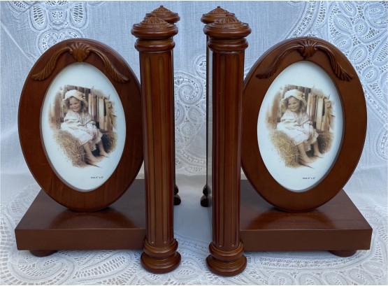 Wood Book Ends With Oval Picture Frames