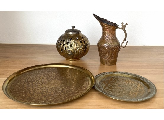 Collection Of (4) Pieces Of Copper Incl Fitz And Flloyd Potpourri And Hand Hammered Pitcher And 2 Plates