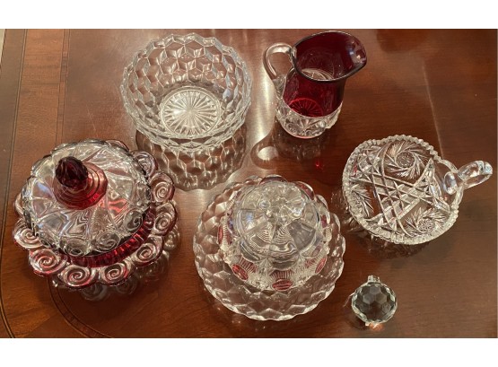 Collection Of Crystal, Coin Dot And Red Trim Serving Pieces Including A Pitcher, Bowl & Covered Butters