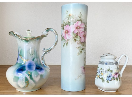 Vintage And Antique Hand Painted Porcelain Including Wimar Germany Teapot Japan Sugar Shaker, And German Vase