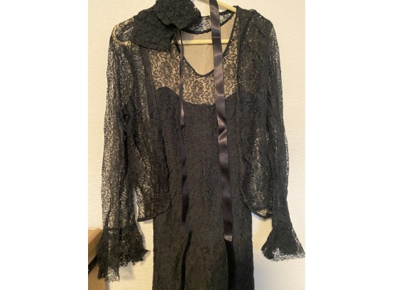 Antique Delicate Black Lace Evening Dress With Matching Belt, Sash, Shawl And Gloves
