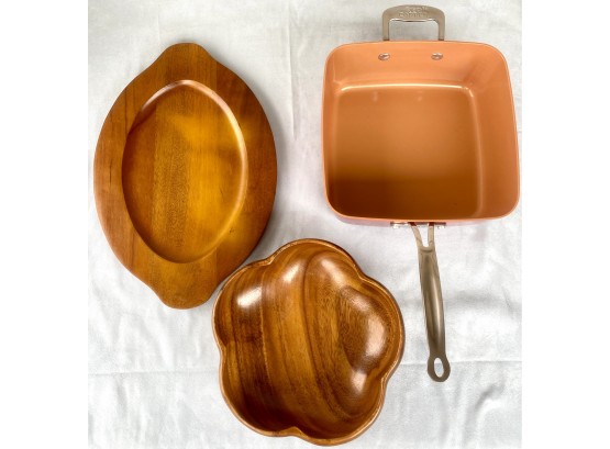 Red CopperRead Copper Square Pan From Bulkhead, One Wooden Bowl And One Wooden Tray
