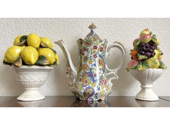 Lefton Chintz Teapot And Fruit Decor